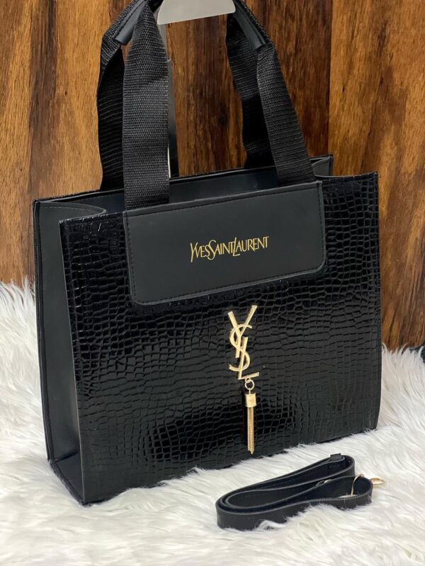 Black croc-textured handbag with YSL-inspired gold charm